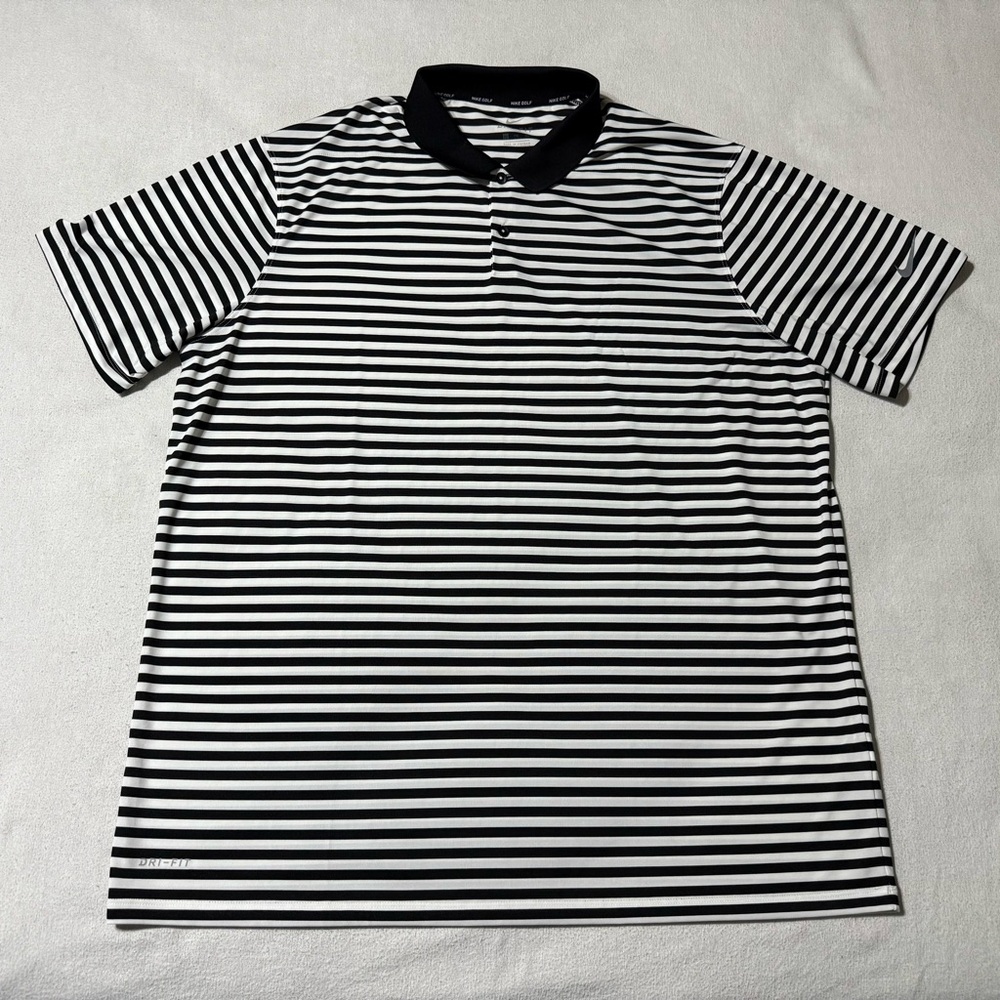 Nike Golf Polo‎ Mens 2XL Dri Fit Striped Black White Shirt 100% Polyester XXL